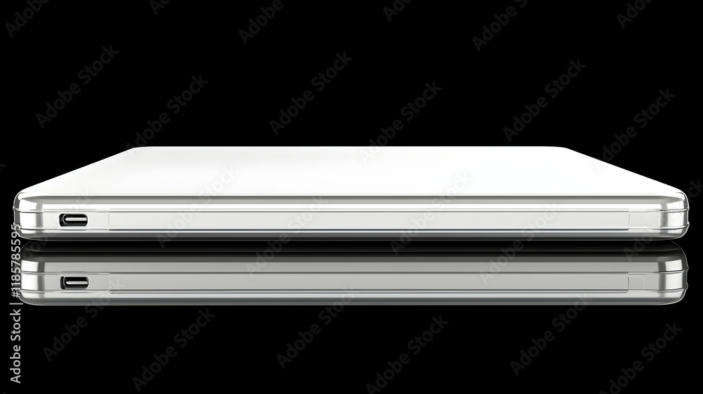Modern white laptop on a reflective surface,  isolated against a dark background.