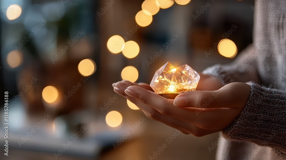 A person holds a glowing crystal in their hand, surrounded by soft, warm bokeh lights, creating a serene and magical atmosphere. A person holds a glowing crystal in their hand, surrounded by soft, warm bokeh lights, creating a serene and magical atmosphere.
