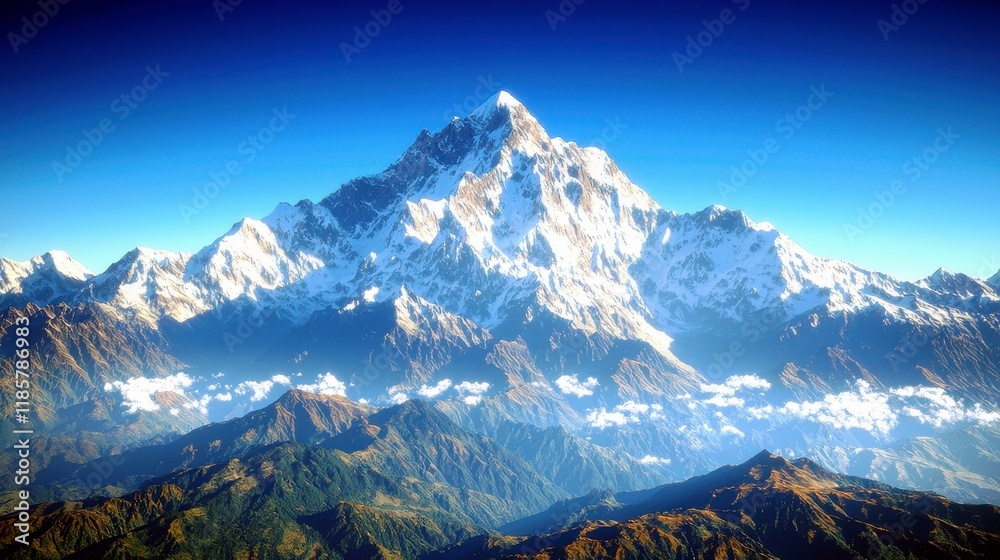 Fototapeta premium Majestic Snow-Capped Mountain Peak Overlooking Lush Green Valleys and Blue Sky, Breathtaking Landscape Photography for Nature Enthusiasts