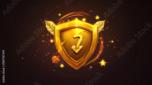 Level up award or prize win badge game asset. Game task complete interface vector asset, arcade success prize or level up celebration UI sign. Gambling achievement icon with golden shield and arrow photo