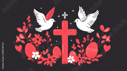 Easter sale and premium quality badge set. Easter cross, crucifix and dove bird red and black symbols with ribbon banner and flourishes. Spring holidays season special offer label design photo