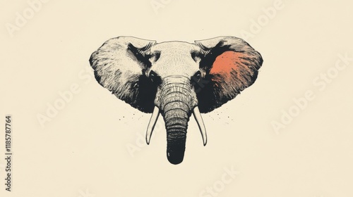 Stylized elephant head illustration, monochrome with orange ear detail. photo