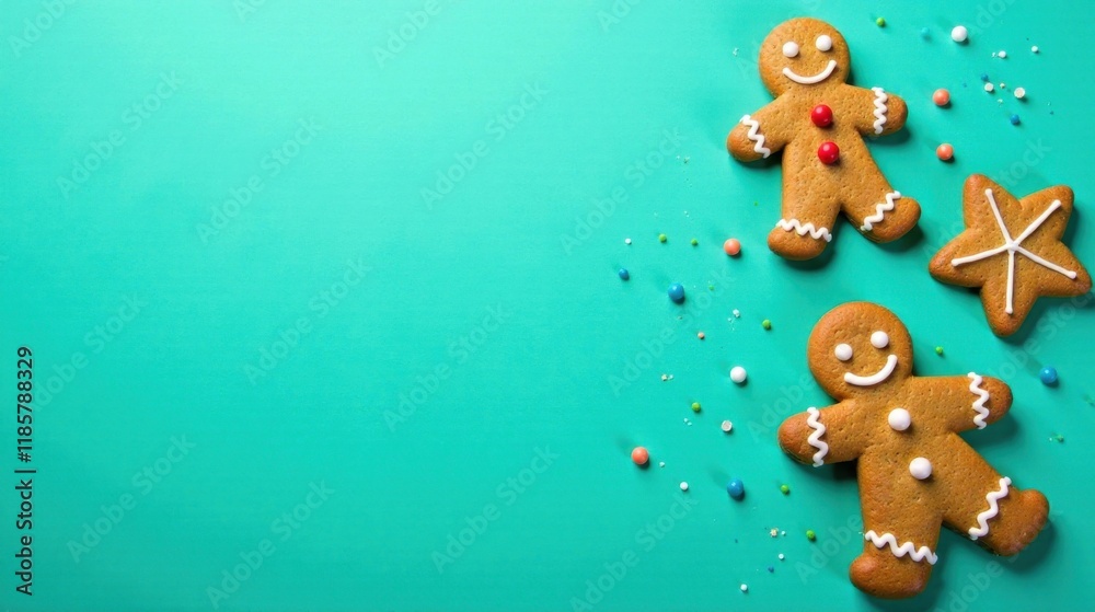 Fototapeta premium Delightful Festive Gingerbread Men and Star Cookie Arrangement on a Teal Background