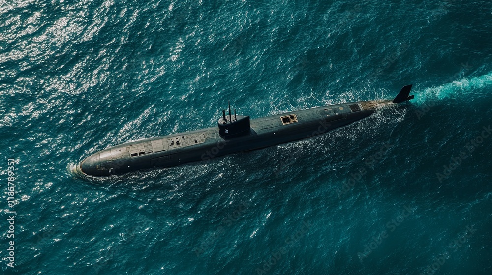 Obraz premium Submarine: Deep Ocean Vessel, Aerial View, Dramatic Teal Waters
