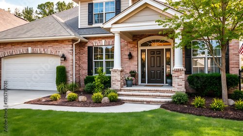 A brick two-story house with a light-colored front porch, white garage door, and landscaped lawn.  The house features large windows and a dark-colored front door.