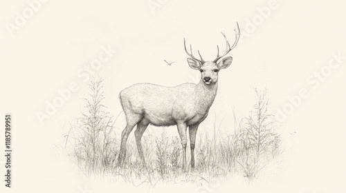 Detailed pencil sketch of a majestic deer in a field. photo