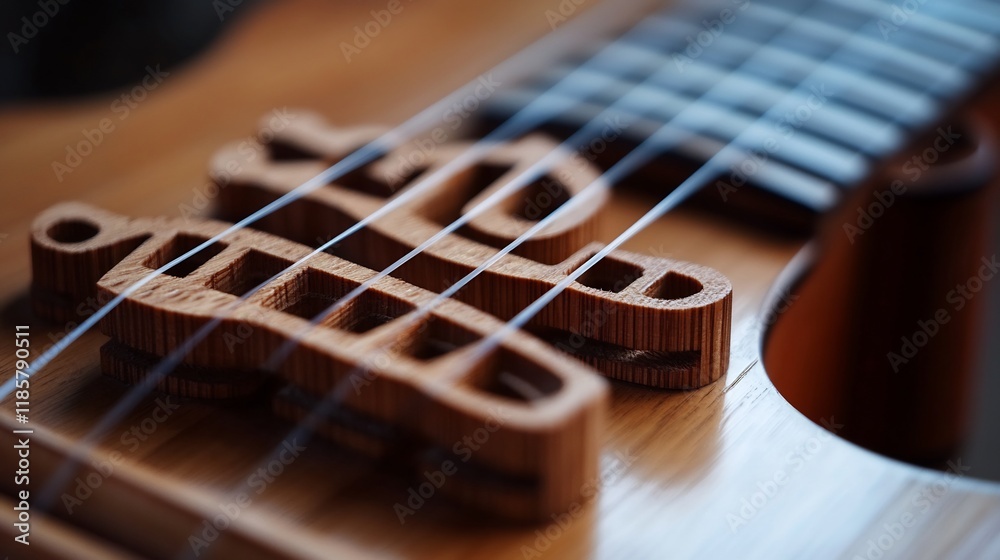 Fototapeta premium Close-up of a Unique Wooden Guitar Bridge Detail