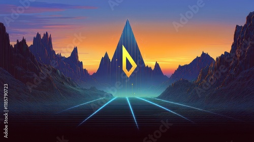 Vibrant Sunset Over Futuristic Mountain Landscape with Geometric Symbol and Neon Light Pathway in Retro Style
