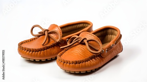 Elegant and Comfortable Soft Leather Moccasins Arranged on a Minimalist White Background Showcasing the Traditional Native American Craftsmanship and Cultural Heritage photo