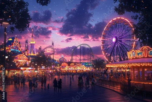A carnival with a lot of people walking around