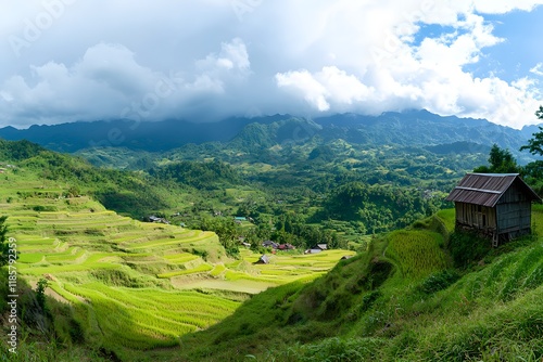 Wallpaper Mural Mountain Rice Terraces, Hut, Village, Clouds, Panorama, Agriculture, Asia, Landscape, Travel Torontodigital.ca