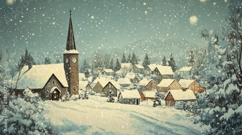 Wallpaper Mural Snowy Village Scene With Church Steeple Under Falling Snow Torontodigital.ca