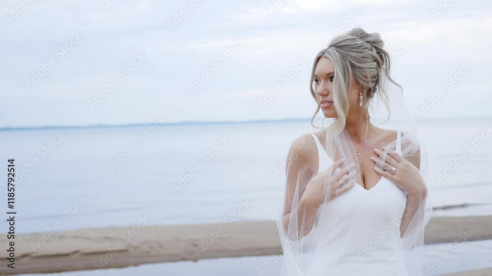 Glowing bride with wind catching her gown Glowing bride with wind catching her gown