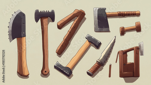 Carpenter and DIY tool flat icons with axe, hammer, hand saw, claw hammer, bench vice, jack plane and hacksaw with text Tools below, for industrial design photo