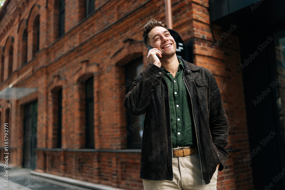 Naklejka premium Portrait of joyful young man happily talking on smartphone while walking near brick building, enjoying conversation and urban atmosphere. Concept of modern successful city lifestyle.