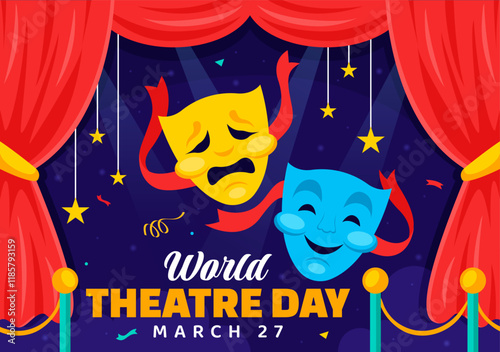 World Theatre Day Vector Illustration featuring Comedy and Tragedy Masks, Red Curtains, and Elements Celebrating Performing Arts and Entertainment