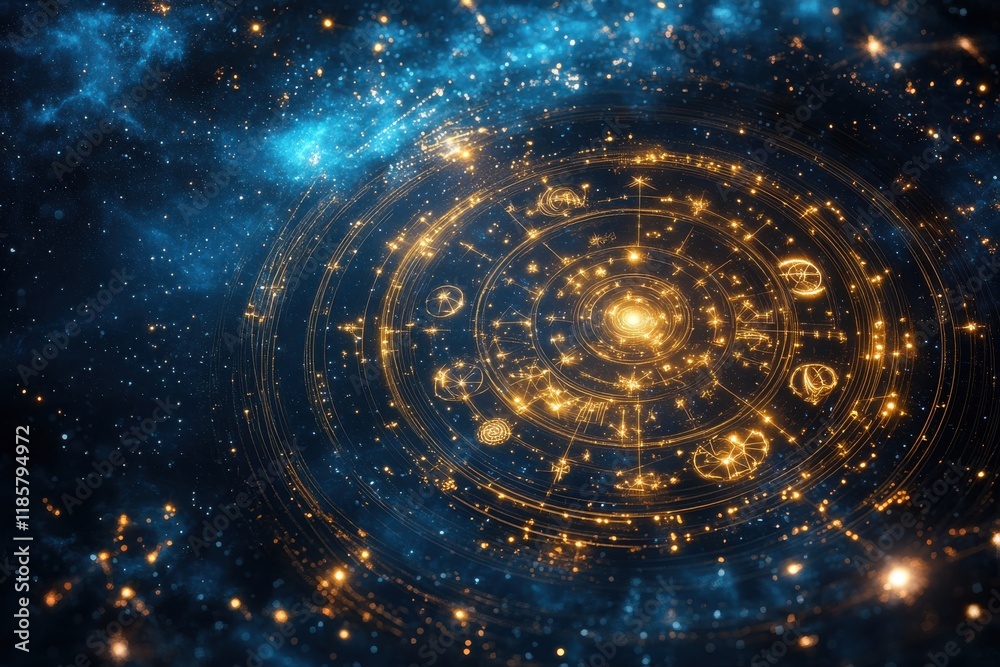 A glowing, starry sky with a large, golden circle in the center A glowing, starry sky with a large, golden circle in the center