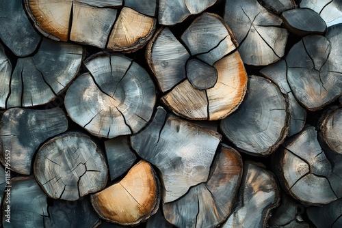 Stacked firewood, rustic texture, outdoor setting, blurred background,  design element photo