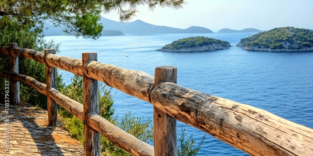 A weathered handrail along a scenic promenade offers a glimpse of islands in the sea. This old handrail enhances the view and provides a unique perspective of the serene seascape. A weathered handrail along a scenic promenade offers a glimpse of islands in the sea. This old handrail enhances the view and provides a unique perspective of the serene seascape.