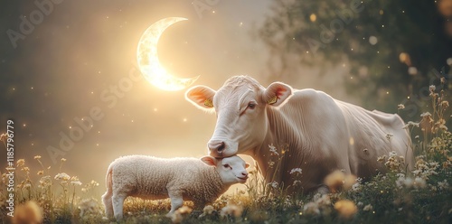 Tender Cow and Lamb Embrace: A Serene Pastoral Scene