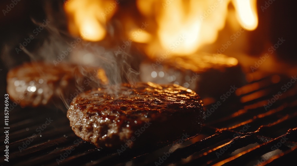 Close up image of hamburger patties sizzling on a grill, showcasing the art of creating smash burgers with beefsteak, perfect for professional restaurant kitchen presentations. Close up image of hamburger patties sizzling on a grill, showcasing the art of creating smash burgers with beefsteak, perfect for professional restaurant kitchen presentations.