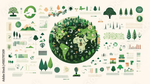 Earth Day infographic template. Eco green globe with trees, surrounded by eco transport, green energy, garbage recycling and air pollution statistic graph and chart with eco nature icons.