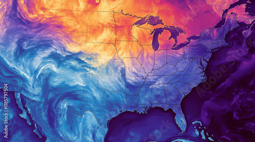 Forecast weather isobar USA map. Meteorology wind front and temperature diagram. United States of America weather forecast isobar map or vector background with cyclones, atmospheric pressure borders