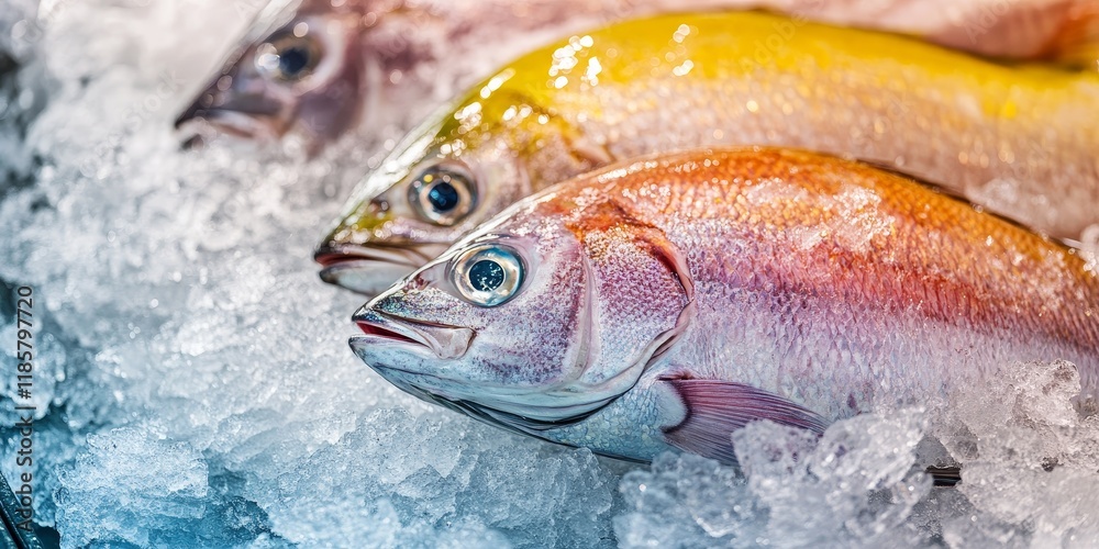 Fresh raw dorado fish displayed on ice, showcasing the vibrant colors and texture of dorado fish, perfect for culinary presentations and seafood markets featuring dorado fish. Fresh raw dorado fish displayed on ice, showcasing the vibrant colors and texture of dorado fish, perfect for culinary presentations and seafood markets featuring dorado fish.