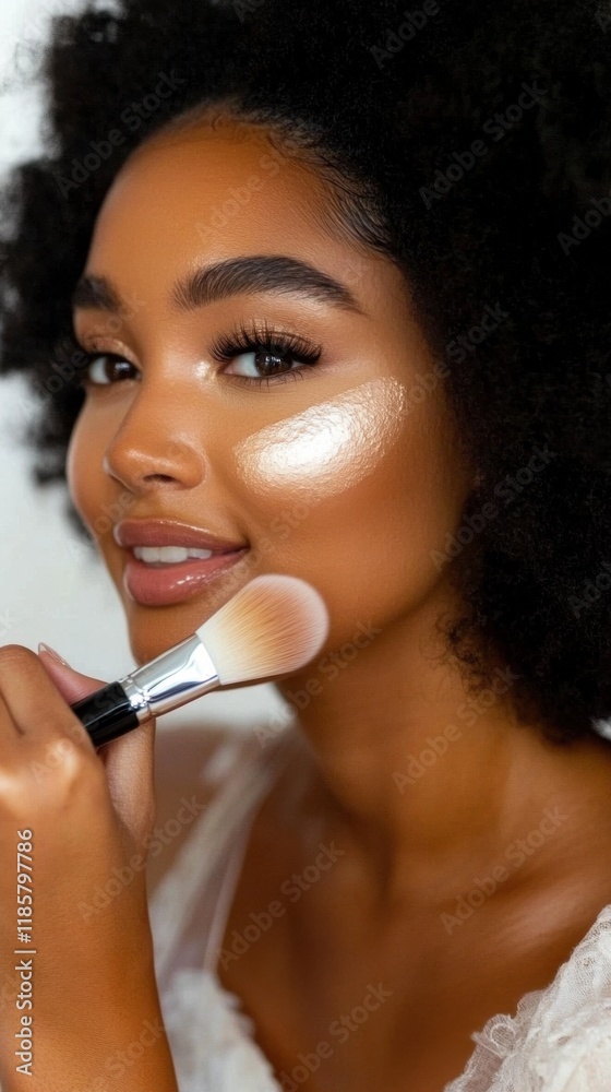 Close-Up young Afro-Latina woman Applying Liquid Foundation with Makeup Brush Close-Up young Afro-Latina woman Applying Liquid Foundation with Makeup Brush
