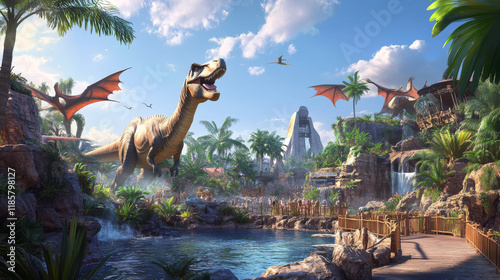 Dinosaur adventure park banner with jurassic animal. Dino monster sketch of tyrannosaurus rex, stegosaurus and pterodactyl, velociraptor, diplodocus and triceratops prehistoric predator flyer design