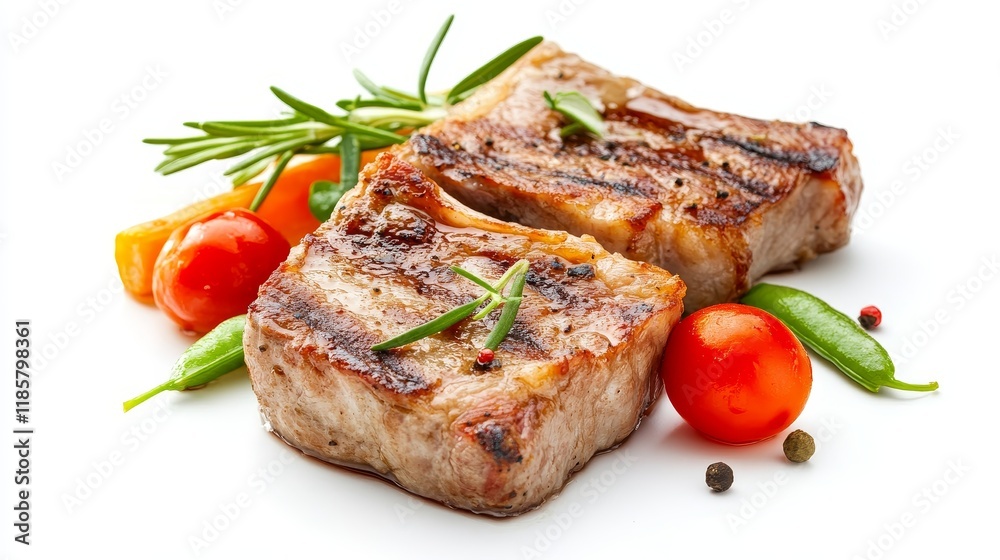 Pork steak served with fresh vegetables, isolated on a clean white background, highlights the succulent nature of pork steak and the vibrant colors of the accompanying vegetables. Pork steak served with fresh vegetables, isolated on a clean white background, highlights the succulent nature of pork steak and the vibrant colors of the accompanying vegetables.