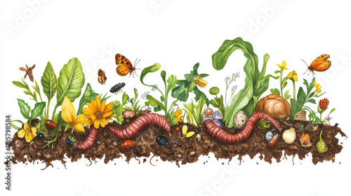 Quote turn your spoil into soil, earth worm characters in compost. Organic waste recycling, earthworm compost or agriculture natural fertilizer vector banner with worms funny personages in food waste