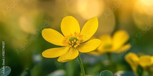 Vibrant yellow spring flower, known as Fig buttercup, showcases the beauty of Ficaria verna in nature. This stunning yellow spring flower captivates with its unique charm and seasonal brilliance. photo