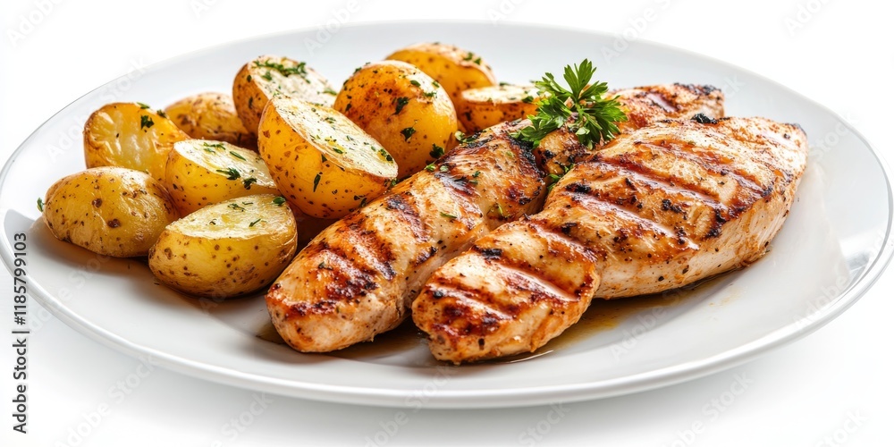 Delicious grilled chicken fillet served with tender boiled potatoes, creating a flavorful dish that highlights the grilled chicken fillet in an appetizing presentation on a clean white background.