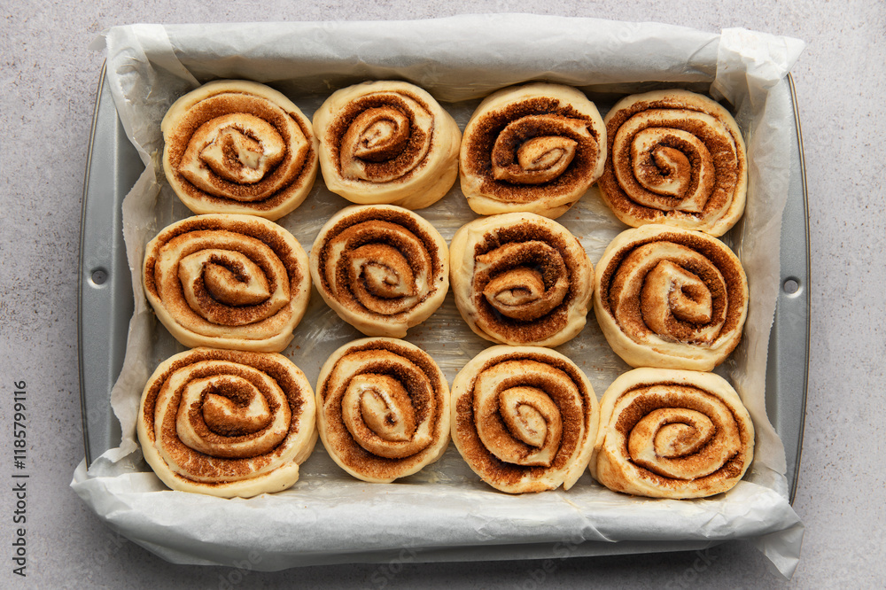 Delicious cinnamon rolls prepared for baking in a rectangular pan Delicious cinnamon rolls prepared for baking in a rectangular pan