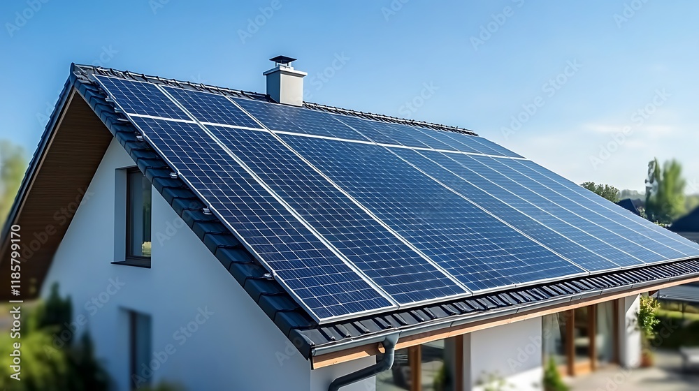 Aerial view of solar panel modules on residential house roof in a European city. Sun panels installed on building rooftop. Renewable energy sources. Eco sunlight power station. Save planet concept. Aerial view of solar panel modules on residential house roof in a European city. Sun panels installed on building rooftop. Renewable energy sources. Eco sunlight power station. Save planet concept.