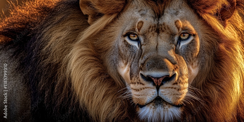 Fototapeta premium Majestic lion showcasing a powerful mane in its natural environment. Close up highlights the exquisite details of the lion s mane in the wild. The lion s majestic presence is captivating.