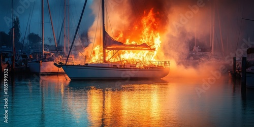 Sailboat engulfed in flames at a marina surrounded by turquoise water, showcasing the dramatic scene of a sailboat fire amidst a picturesque setting of clear, inviting water.