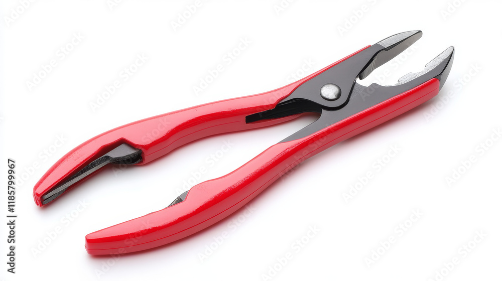 Cartoon pliers tool with red plastic covering on the handles and a happy smiling face isolated on white for DIY concept Cartoon pliers tool with red plastic covering on the handles and a happy smiling face isolated on white for DIY concept