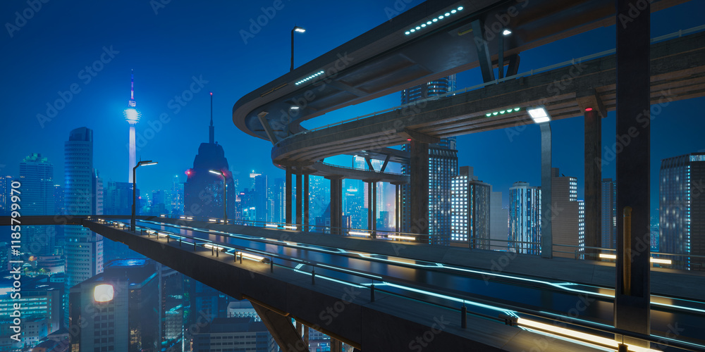 Obraz premium Futuristic highway overpass dominating modern city skyline at night