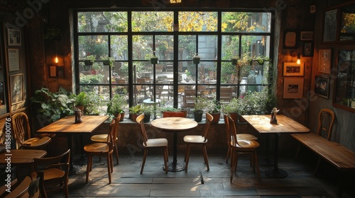 Cozy Cafe Interior With Wooden Tables and Bright Greenery in an Urban Setting. Generative AI