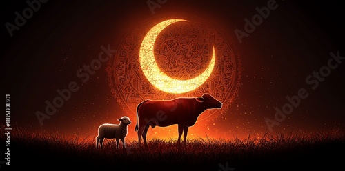 Serene Night: Cow and Lamb Silhouette under Glowing Crescent Moon