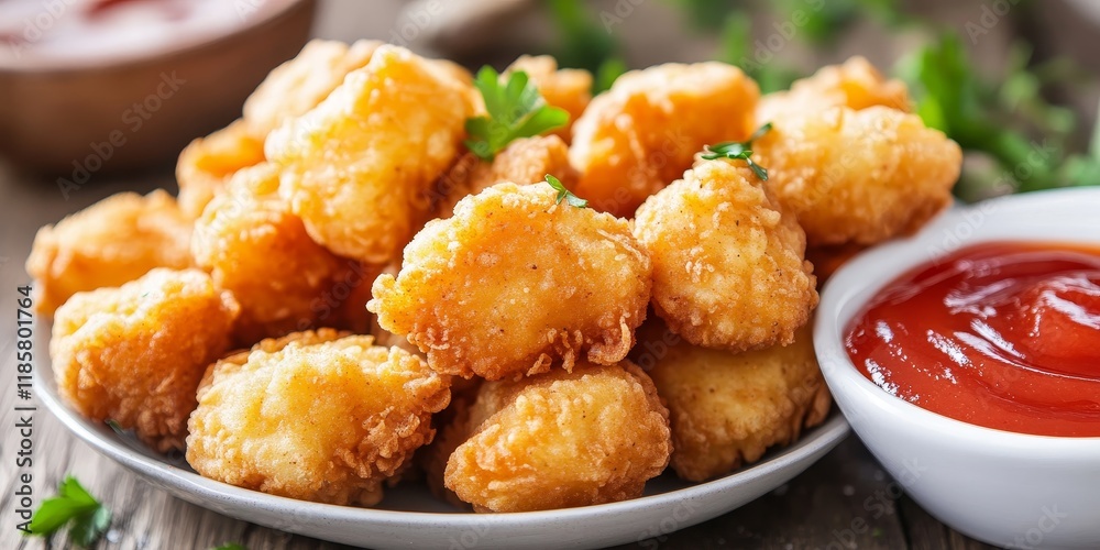 Golden deep fried battered chicken nuggets are presented in a pile, accompanied by a bowl of ketchup, creating a delightful image of crispy chicken nuggets perfect for any culinary theme. Golden deep fried battered chicken nuggets are presented in a pile, accompanied by a bowl of ketchup, creating a delightful image of crispy chicken nuggets perfect for any culinary theme.