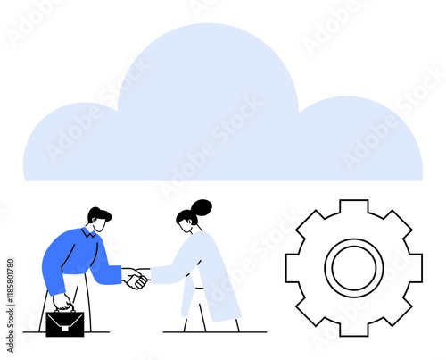 Two people shaking hands, large cloud in the background, and a gear icon below. Ideal for teamwork, business partnerships, cloud solutions, innovation, tech synergy, collaboration abstract line flat photo