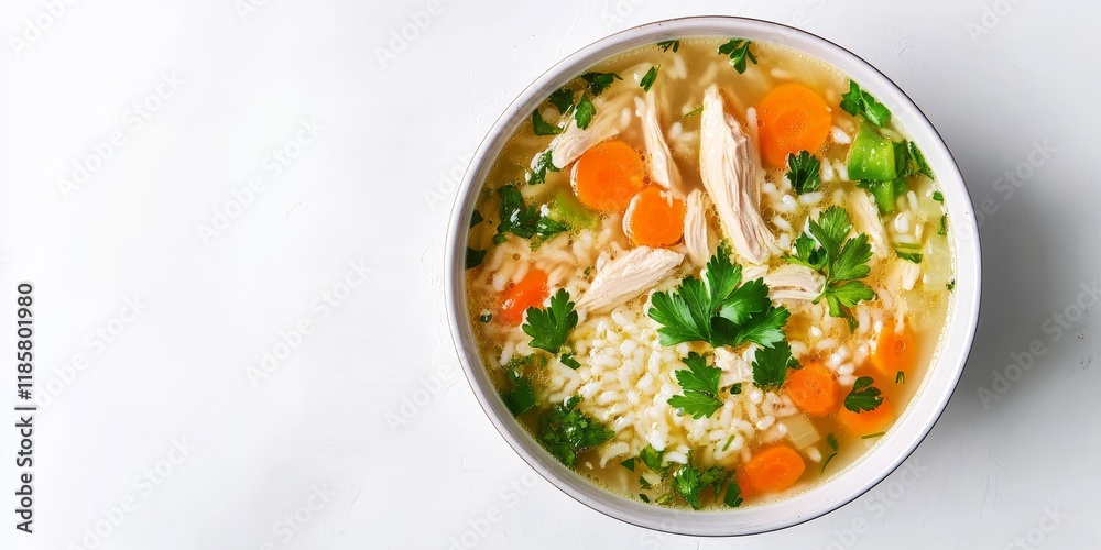 Bowl of chicken broth soup featuring vegetables and rice, showcased in top view against a clean white background, highlighting the comforting and nourishing essence of chicken broth soup. Bowl of chicken broth soup featuring vegetables and rice, showcased in top view against a clean white background, highlighting the comforting and nourishing essence of chicken broth soup.