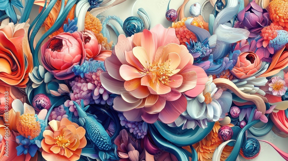 A vibrant array of colorful flowers in a surreal artistic display A vibrant array of colorful flowers in a surreal artistic display
