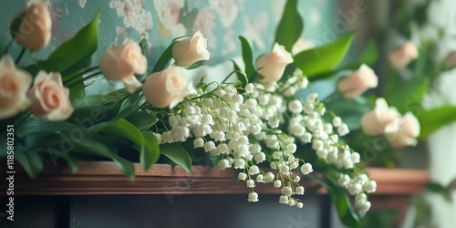 A beautiful arrangement of lilies of the valley alongside roses is placed on a fireplace shelf, with a softly blurred background enhancing the scenes charm.