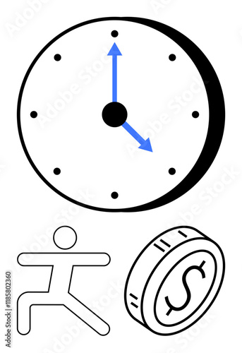 Clock with blue arrows, stick figure in motion, and dollar coin outline. Ideal for time management, financial planning, work efficiency, productivity, balance, deadlines abstract line flat metaphor