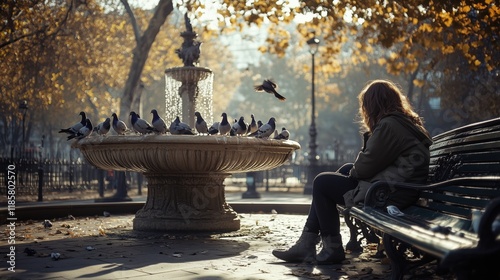 A Woman Sitting on a Bench Next to a Fountain of Birds - Generative AI photo