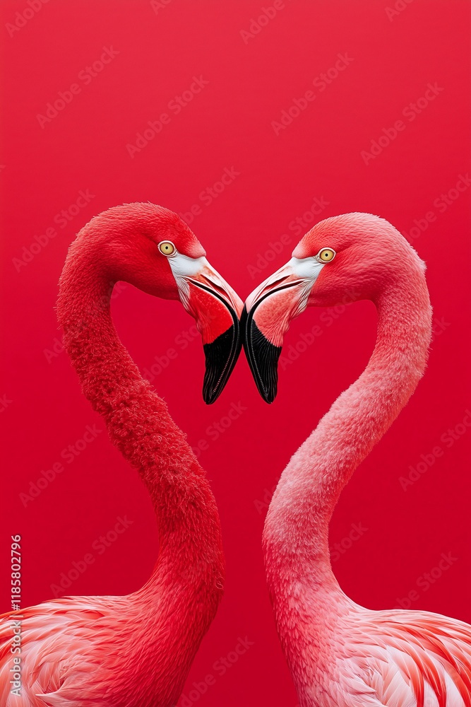 Naklejka premium Two flamingos standing close to each other, their necks forming a heart shape. The vibrant pink birds contrast beautifully against a solid red background, creating a romantic and playful scene for Val
